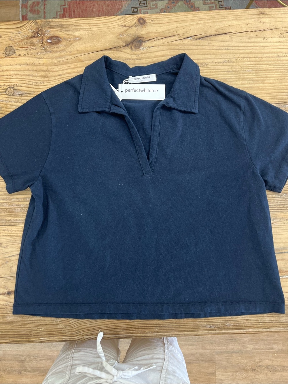 perfectwhitetee Navy Short-Sleeve Polo Crop Top